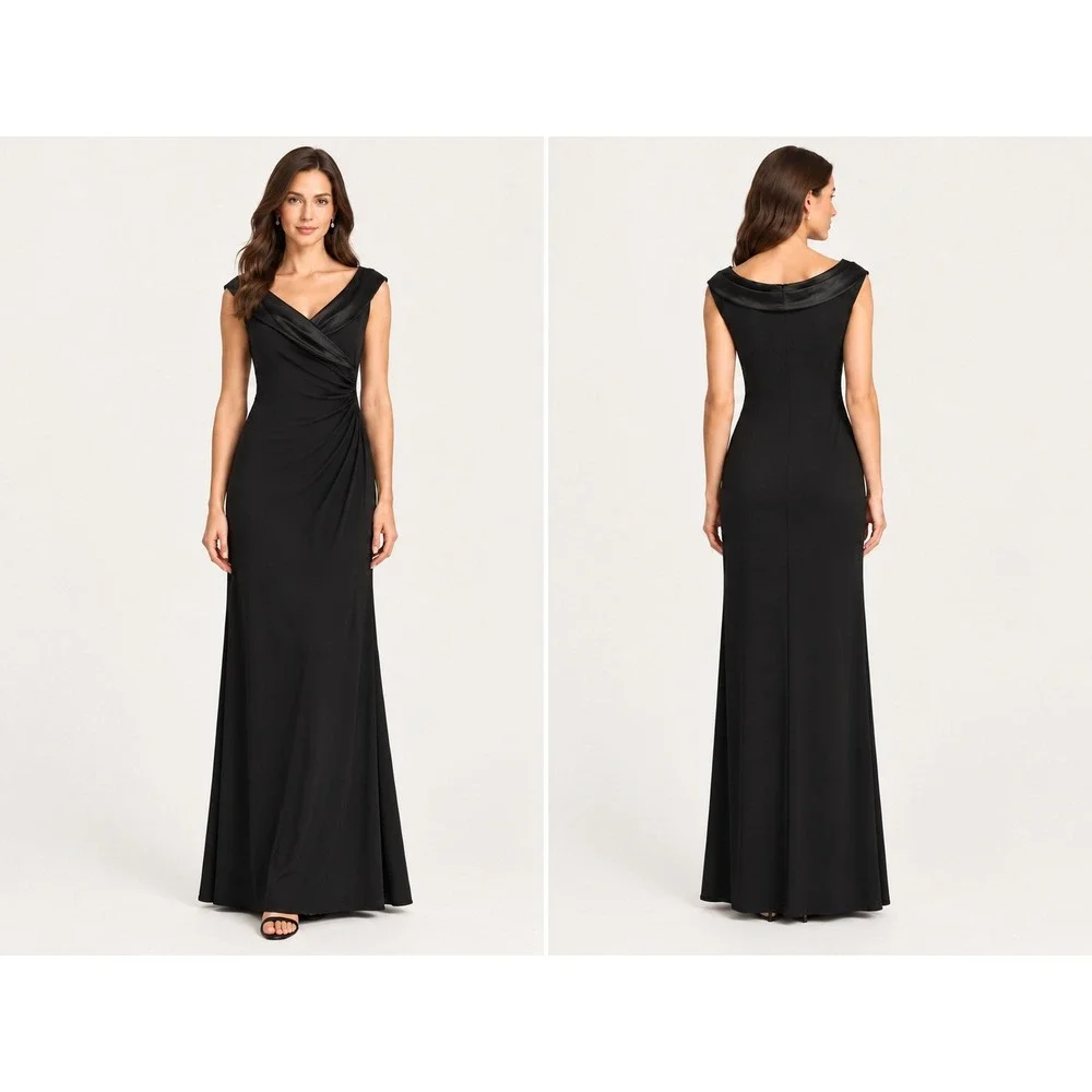 Lauren Ralph Lauren Dress Women 6 Black Maxi Gown Draped Ruched Formal Evening